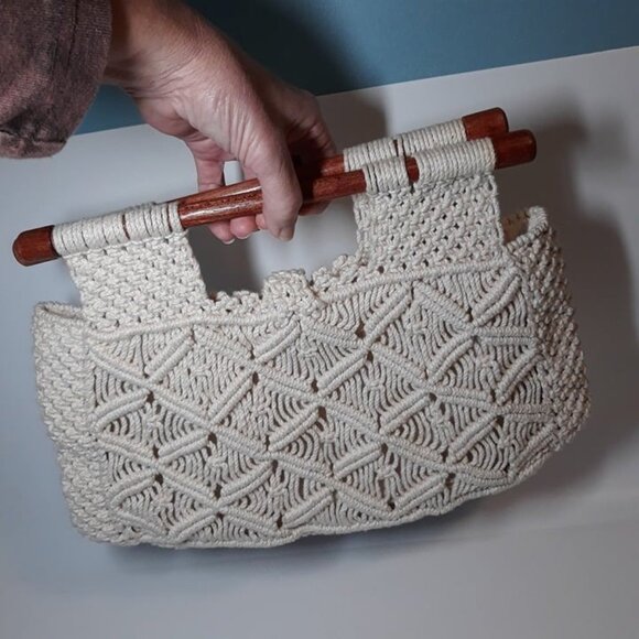 1970s Cotton Macrame and Wood Top-Handled Purse, 70’s Boho Handbag Philippines - Picture 7 of 9